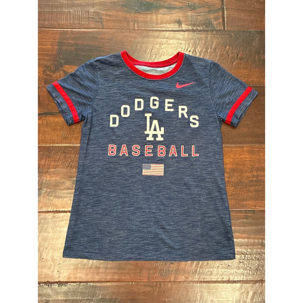 Nike T-Shirt Womens Small Blue Dodgers Baseball Dri-FIT Retro Ringer 37041X-DGE